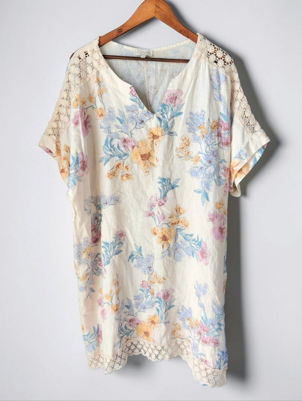 Bellambra Linen Crochet Trim Tunic Shift Mini Dress 3X Floral Boxy V Neck Italy